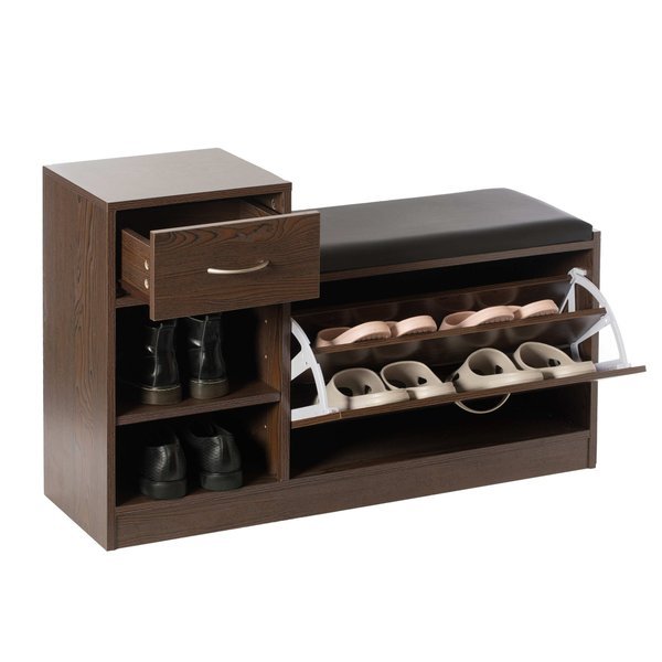 Wooden Entryway Shoe Storage Bench with Cushion, Brown, Basicwise, Mfr#: QI003942.BK